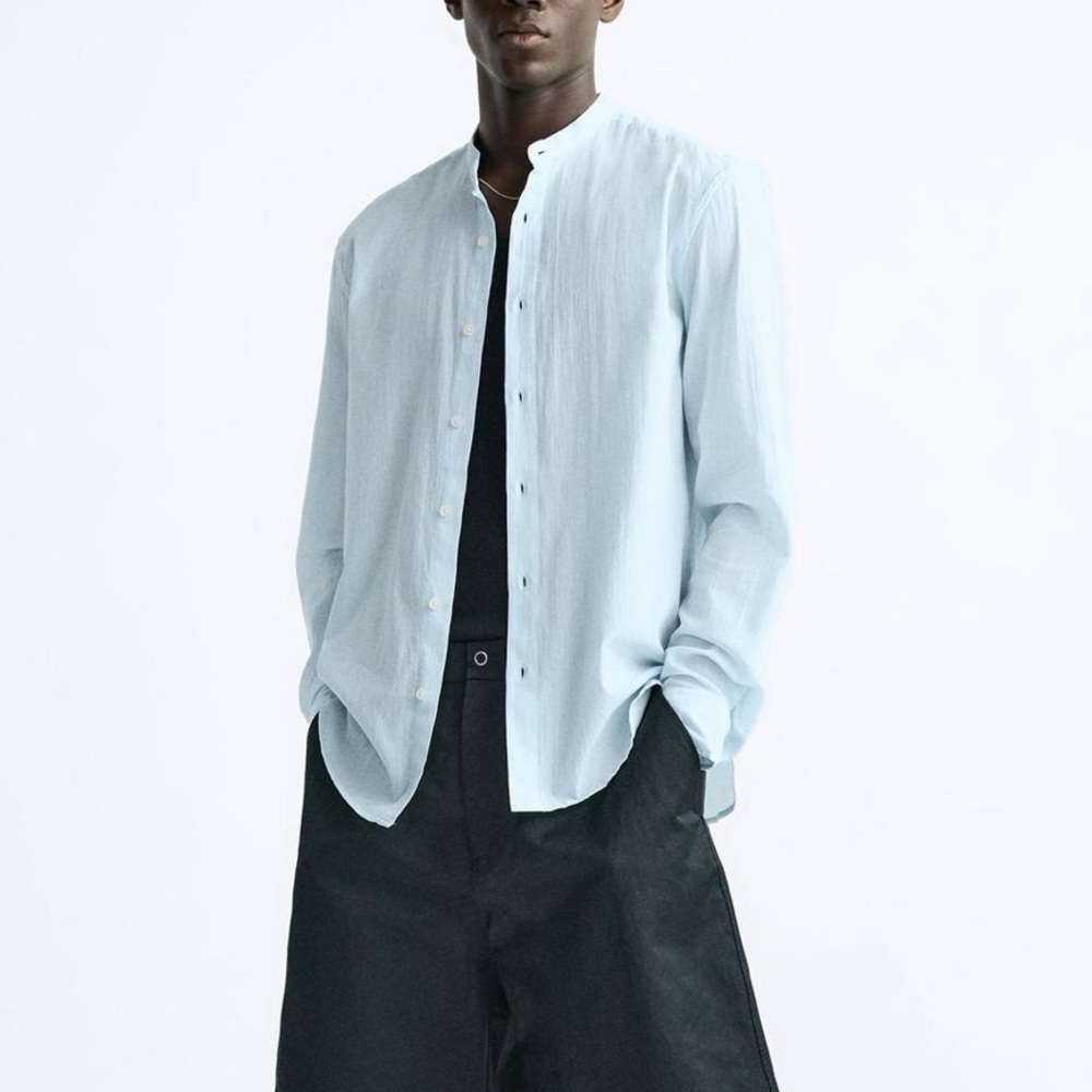 ZARA Men’s Wrinkled Effect Organic Cotton Summer Shirt Sky Blue